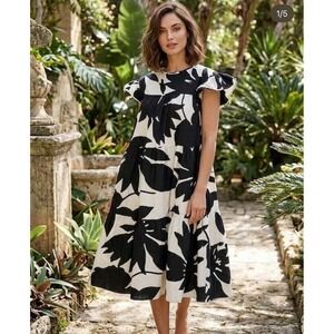 (B6) SHEIN Black White Floral Tiered Midi Dress Ruffle Sleeve Size M NWOT
